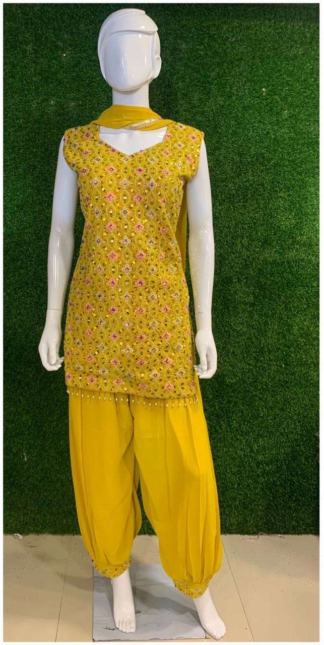 BEMITEX INDIA PRESENTS GEORGETTE FABRIC MIRROR WORK BASED DHOTI PANT STYLE HEAVY 3 PIECE OFFER RATE COLLECTION WHOLESALE SHOP IN SURAT
